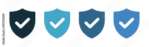 Shield icons with checkmarks in various shades of blue representing security verification and approval.