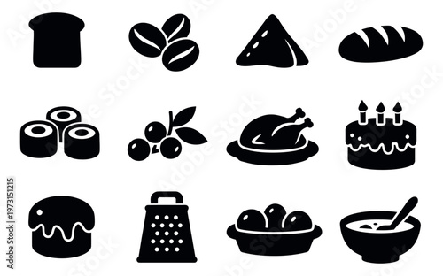 Clip art food and cooking icon set featuring various food items and kitchen tools for culinary designs