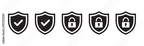 Double bordered shield icons set with internal check and lock symbols for professional corporate security.