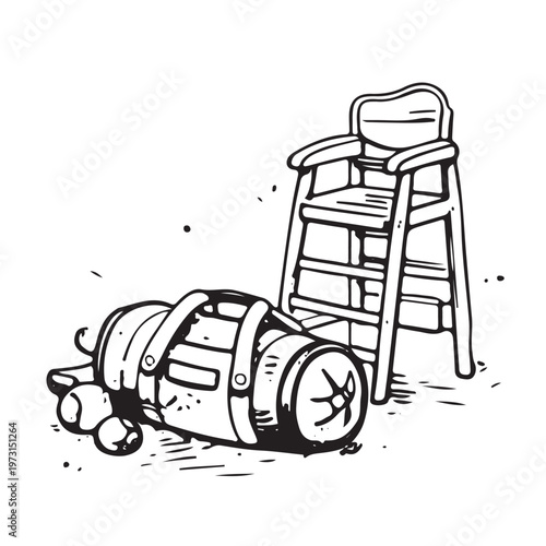 A tennis umpire chair with equipment bag, representing official match supervision in a hand-drawn style.
