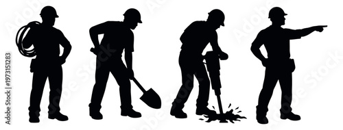 Silhouette construction worker set featuring men carrying a hose, digging, operating a jackhammer, and pointing for labor and industry themes
