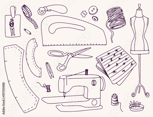 A set of items for sewing and needlework drawn in line art style.