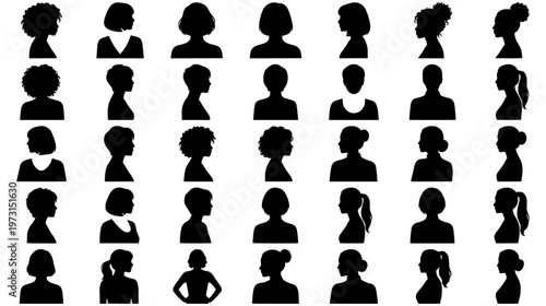 Collection of diverse silhouette profile portraits of people in black and white