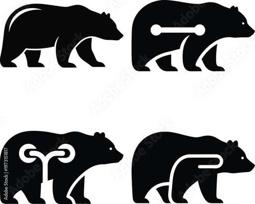 Four black bear with internal mechanical or circuit white silhouette animal