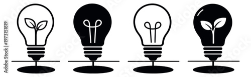 Line art and solid lightbulb icons set featuring plant sprouts and filaments for environmental concepts and creative ideas