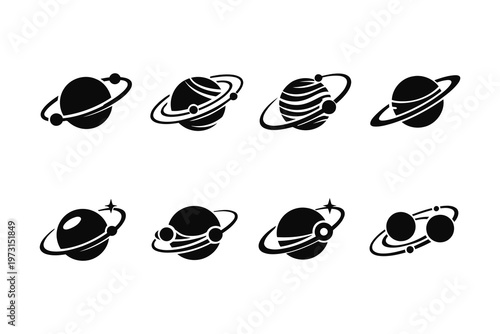 Creative illustrations of planets with rings and unique characteristics