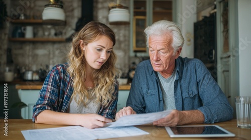 Elderly man and young woman reviewing paperwork at cozy kitchen table young white woman acting as family caregiver guides elderly white man through bills and documents, tablet and pen visible, warm