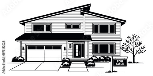 Line art illustration of a modern house depicting a home for sale for real estate