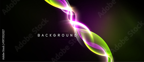 Abstract design features vibrant curves, glowing purple, green hues. Dark background emphasizes luminous energy, dynamic flow.