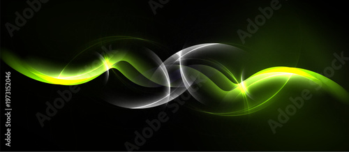 Abstract luminous waves, vibrant green highlights, dark background. Smooth curves create dynamic energy, flowing forms.
