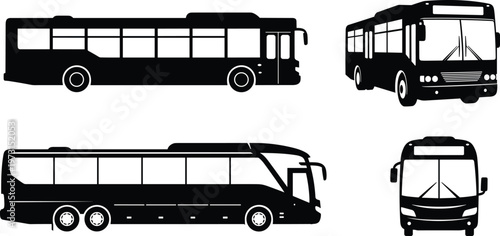 Bus silhouettes public transport vehicle black vector illustration isolated design city bus coach transportation urban mobility concept set