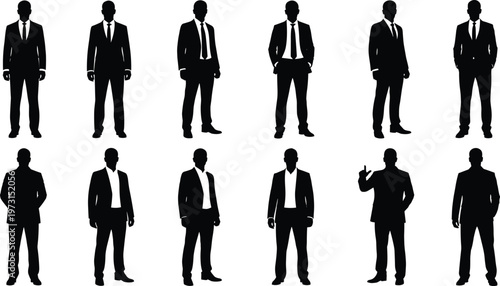 Business men silhouettes collection professional people standing black vector illustration isolated design corporate office male figures formal suit set