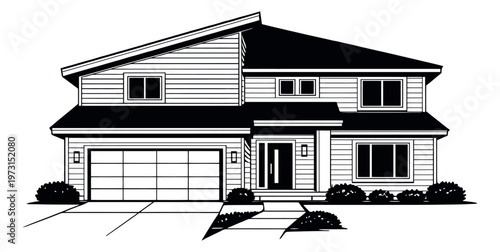 Modern line art illustration of a residential house depicting a contemporary home design for real estate and housing concepts