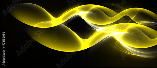 Bright yellow abstract waves flow across black background. Smooth curves create dynamic visual effect. Light radiates from center.