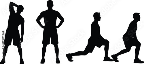 Fitness man silhouettes workout exercise training black vector illustration isolated design stretching lunges gym healthy lifestyle sport concept set