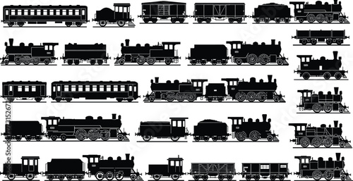 Train silhouettes collection vintage locomotives railway transport black vector illustration isolated design steam engine wagons retro rail set