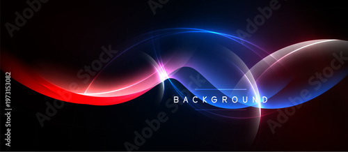Abstract design features vibrant red, blue curves against dark backdrop. Light effects create dynamic, modern visual. Background text present.