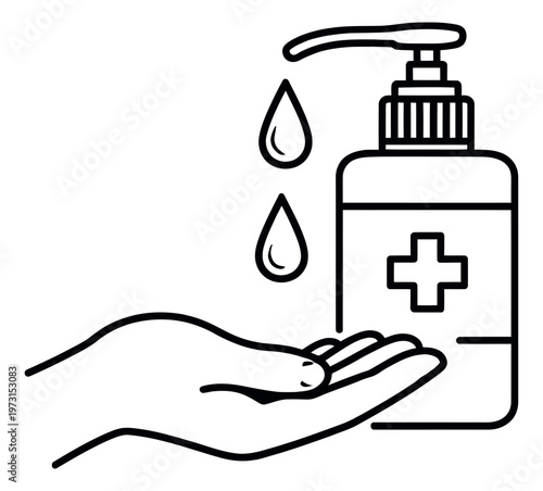 Line art illustration of hand sanitizing depicting personal hygiene for health and safety