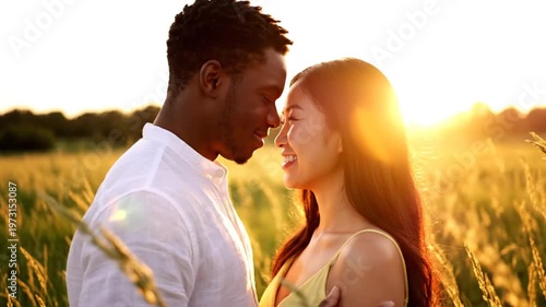 Interracial couple embracing tenderly in golden field at sunset