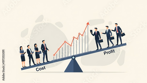 Business people balance cost and profit on scales with rising graph its only illustration