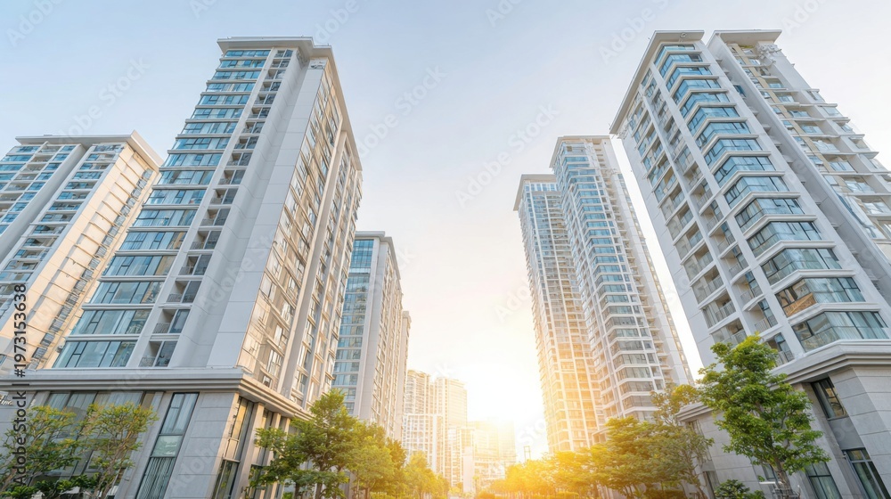 Fototapeta premium Modern High Rise Apartment Buildings with Lush Green Trees Under a Bright Sunny Sky