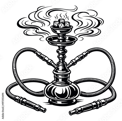 Vintage hand drawn line art illustration of a hookah depicting smoke and burning coals for a lounge or cafe