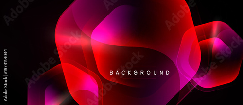 Abstract neon shapes overlap, creating vibrant red, pink gradients. Dark background emphasizes glowing forms, modern design element.