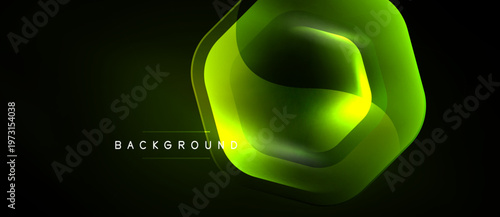 Abstract neon shape glows against dark backdrop. Layers create depth, vibrant green hues dominate design. Minimal text present.