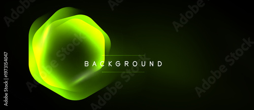 Abstract neon hexagon glows against dark backdrop. Modern design element, vibrant colors, simple composition. Background text reads BACKGROUND.