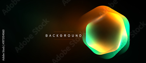 Abstract hexagon shape dominates dark background. Vibrant colors blend, creating dynamic visual effect. Text reads BACKGROUND.