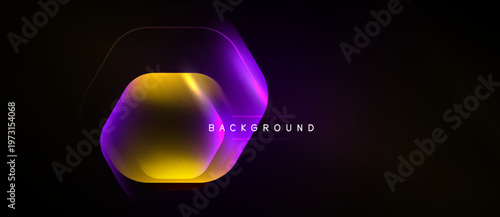 Dark background features vibrant hexagon shape. Gradient colors transition from gold to purple. Modern design, abstract presentation.