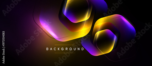 Abstract neon shapes overlap, creating vibrant glow. Dark background emphasizes bright yellow, purple hues. Modern design element.