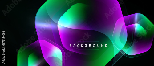 Abstract shapes overlap, creating vibrant gradients. Purple, green hues dominate dark background. Modern design element.