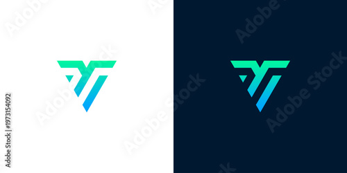 Vibrant geometric abstract letter T or V logo design, featuring a dynamic green to blue gradient, ideal for modern technology, startup, and corporate branding initiatives