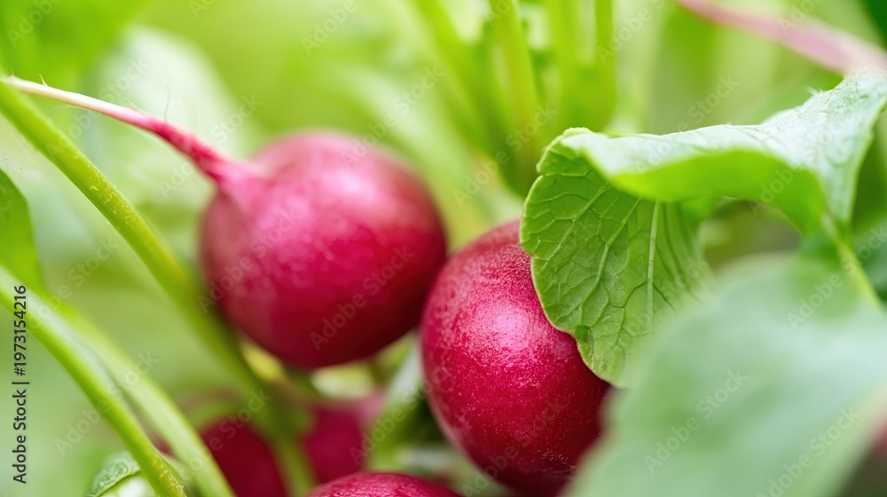 Obraz premium Radish Growing in Garden With Green Leaves and Space for Text