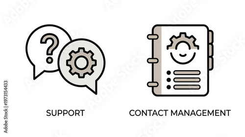 Support Contact Management Icons, Line Style, Black and Beige, Customer Service, EPS Vector
