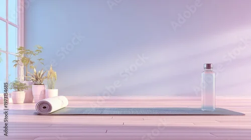 Obraz Serene Yoga Mat and Water Bottle in a Bright, Sunlit Room with Plants