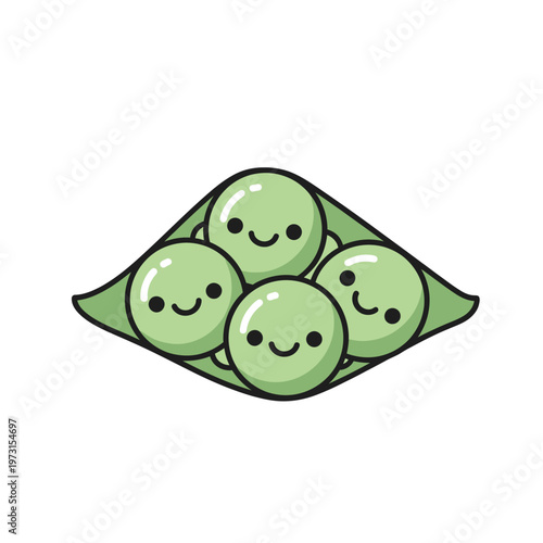 Cute cartoon peas in a pod with happy faces, isolated on white background