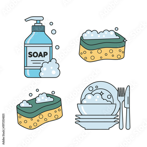 Kitchen Cleaning Icons: Soap, Sponges, Dishes, Utensils, and Bubbles
