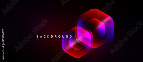 Abstract hexagon layers overlap, creating vibrant redpurple glow. Dark background emphasizes geometric design, modern aesthetic.