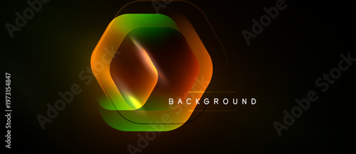 Abstract hexagon shapes overlap, creating vibrant color gradients. Dark background emphasizes glowing effect. Text reads background.