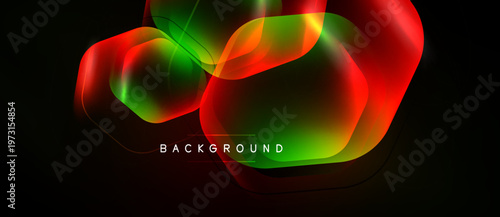 Dynamic abstract shapes overlap, creating vibrant red, green glow. Dark background emphasizes luminosity, modern design element.