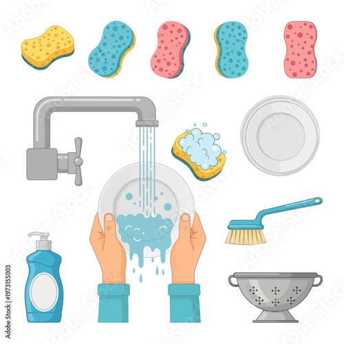 Kitchen cleaning set: hands washing plate under tap, sponges, brush, dish soap, colander