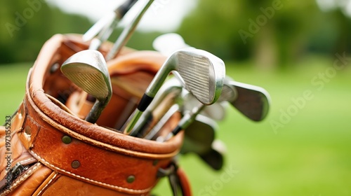Vintage Golf Clubs in a Brown Leather Bag on a Golf Course in Sunny Weather