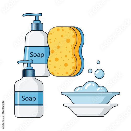 Liquid Soap Dispenser, Sponge and Bubbles in Bowl - Cleaning Supplies