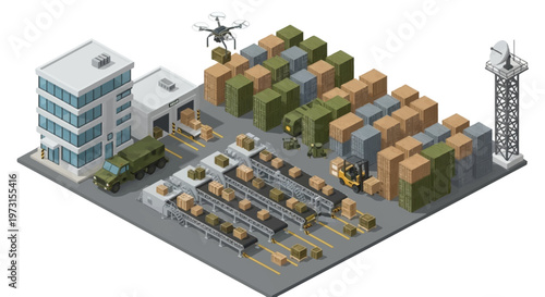 Isometric vector illustration showing a military logistics base complex with soldiers managing military warehouses and vehicles, under a drone carrying cargo, set against a clean background