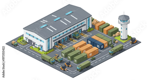 Isometric vector art depicting a bustling military logistics base complex, showcasing detailed military warehouses and vehicles, with miniature character icons strategically placed