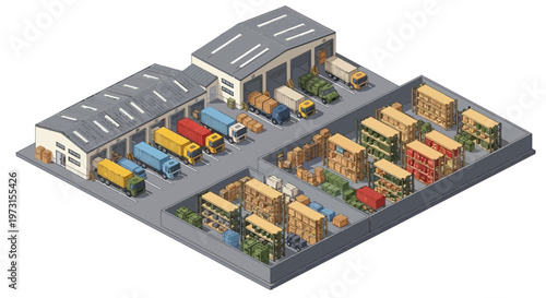 Isometric vector illustration depicting a military logistics base complex, showcasing various military warehouses, vehicles, and soldier characters involved in a logistics operation within