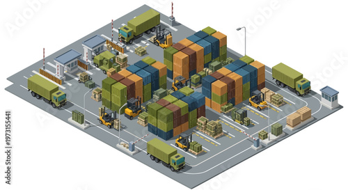 Isometric vector illustration depicting a military logistics base complex, complete with army warehouses, various military vehicles, soldiers, and logistical operations set against a clean