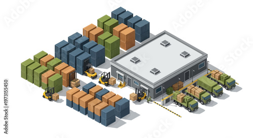 Isometric vector illustration depicting a military logistics base complex with people operating forklifts and trucks near a warehouse, showcasing the operation's scale against a simple